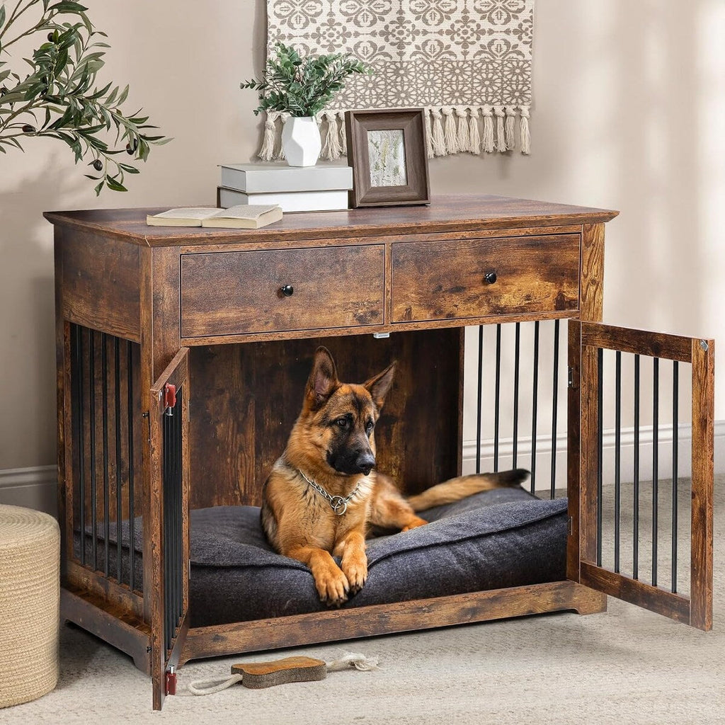 BOSSIN 44 Inch Large Dog Crate Furniture, Wooden Dog Kennel End Table with Storage Drawers, Decorative Pet Crates Dog House