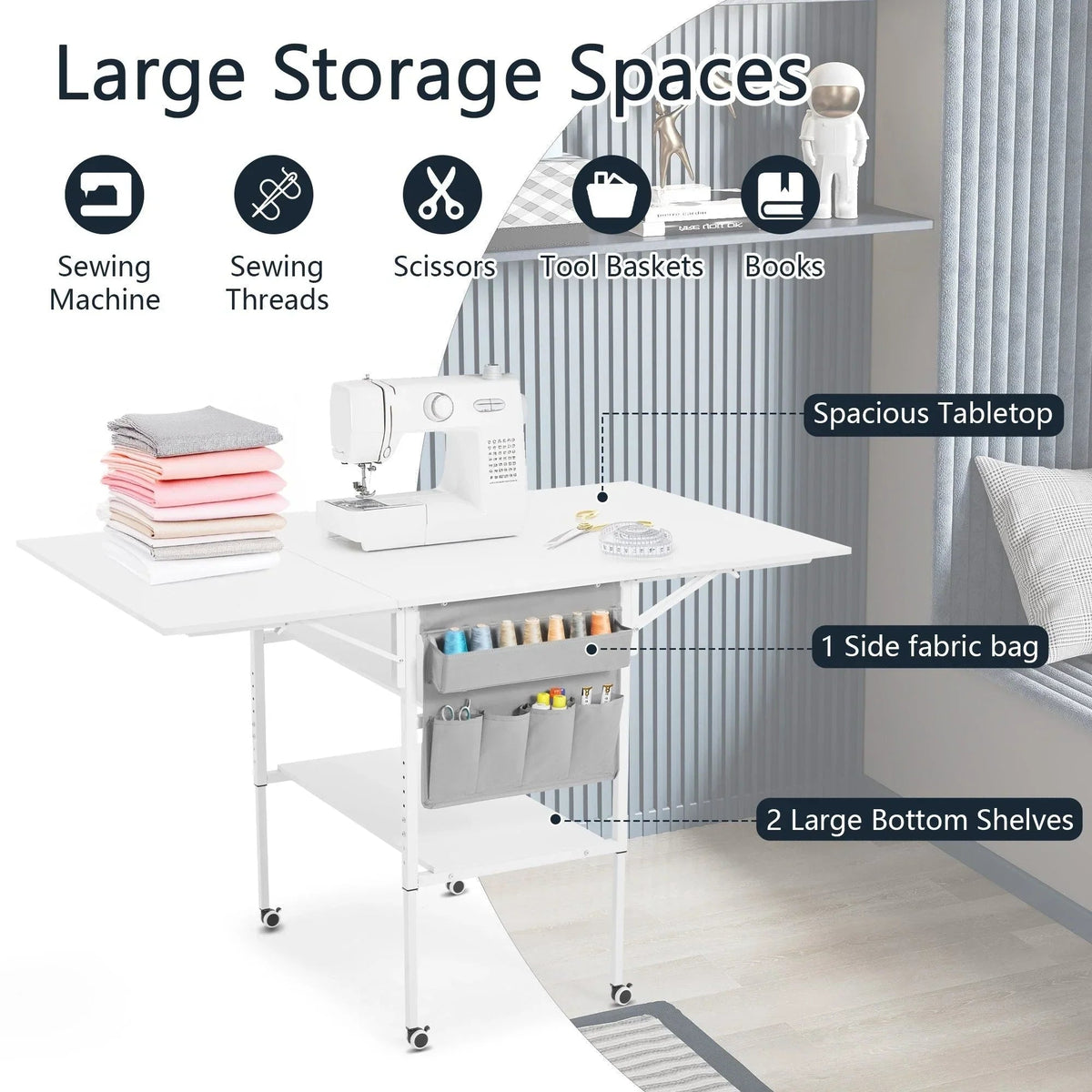 Height Adjustable Craft Table with Storage Shelves, Mobile Folding Cutting Table for Home Office Sewing Room Craft Room