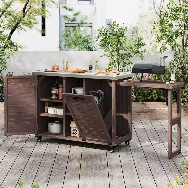 Outdoor Kitchen Island with Foldable Side Table,Outdoor Grill Cart with Stainless Steel Top,Hidden Trash Cabinet for Lawn & Garden
