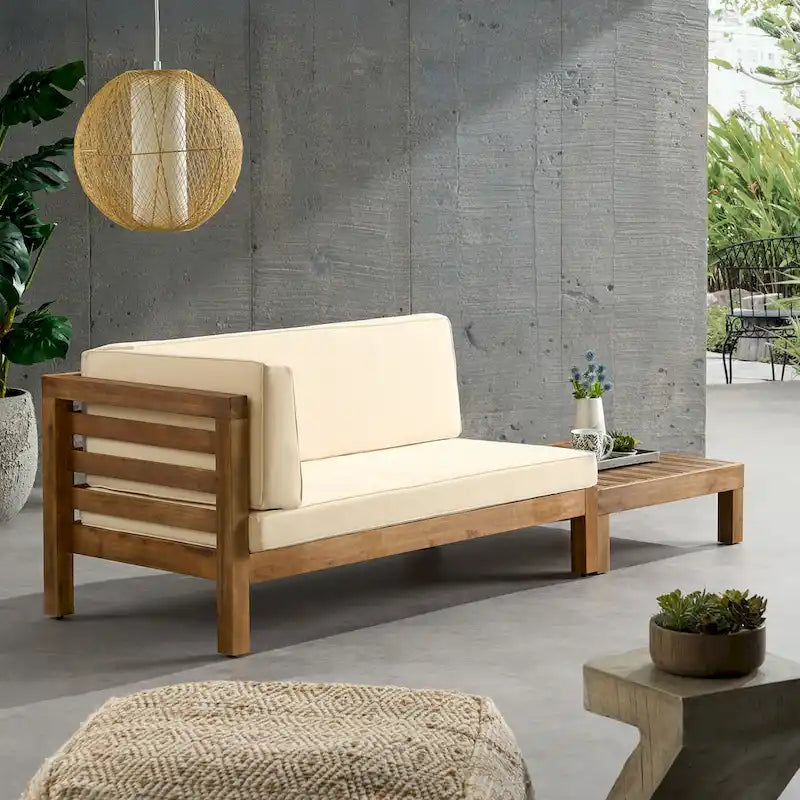 Oana Outdoor Acacia Wood Left Arm Loveseat and Coffee Table Set with Cushion by Christopher Knight Home