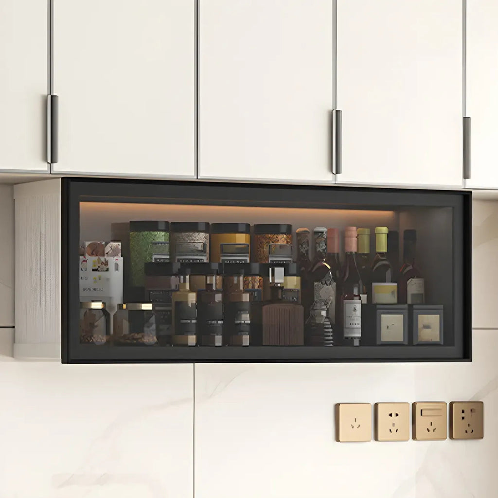 Grey Metal Floating Mounted Glass Kitchen China Cabinet
