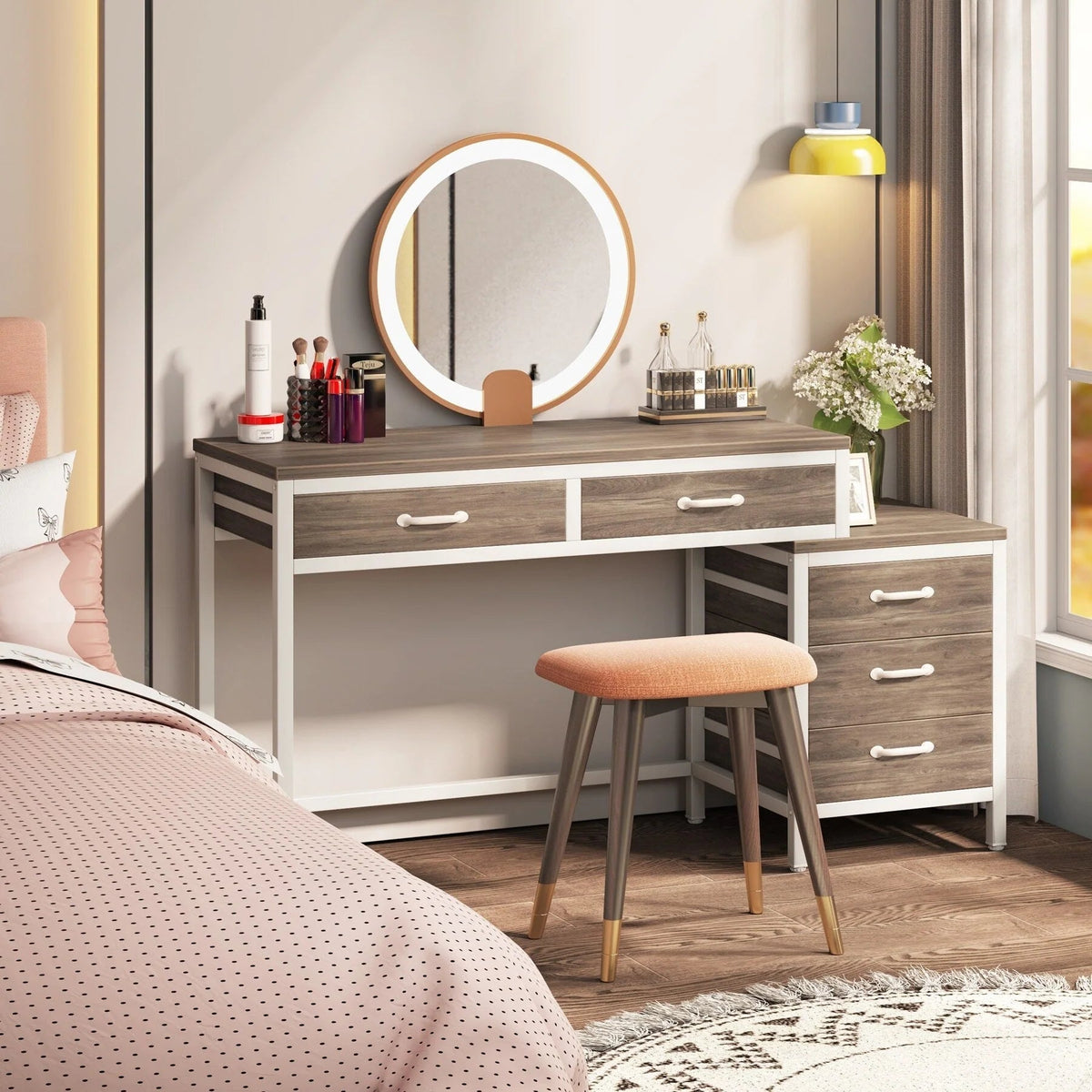 Reversible Computer Desk with 5 Drawers, Home Office Desk with File Cabinet Drawer Printer Stand