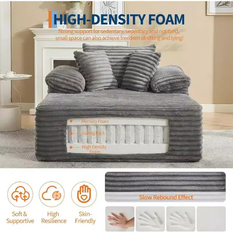 Oversized Chaise Lounge Chair Sofa Bed, Corduroy Sleeper Sofa with Pillows and Wide Armrests for Living Room, Bedroom, Movie Room