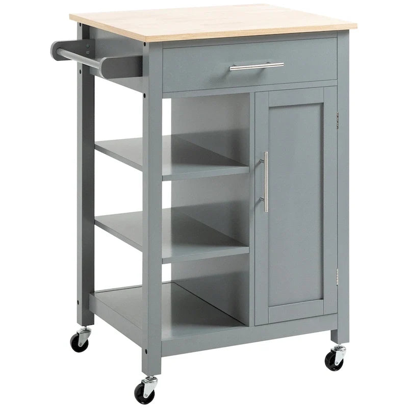 HOMCOM Compact Kitchen Island Cart on Wheels, Rolling Utility Trolley Cart with Storage Shelf & Drawer for Dining Room