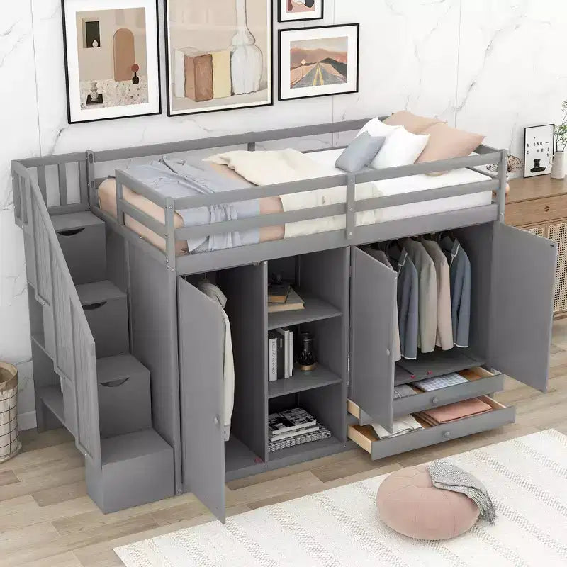 93.3 Functional Loft Bed with Wardrobes, Shelves, Drawers and Storage Ladder