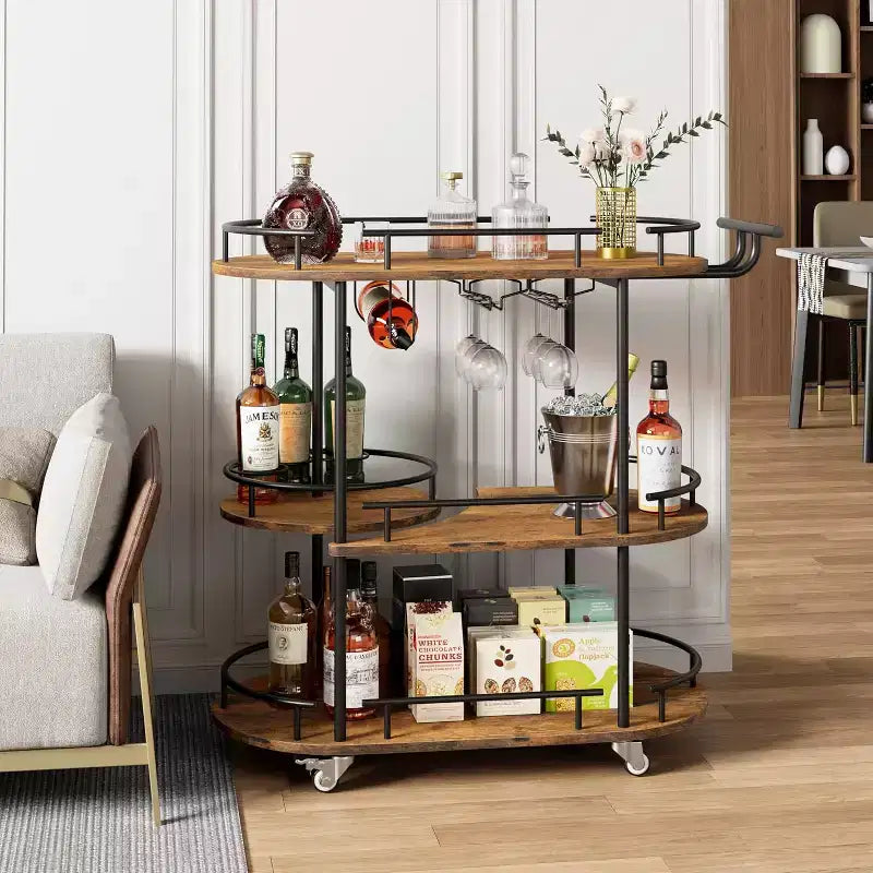 Bar Carts with 4-Tiers Storage ShelvesMobile Bar Seving Carts On Wheels with Wine Rack and Glass Holder for Kitchen, Dining Room, Living Room