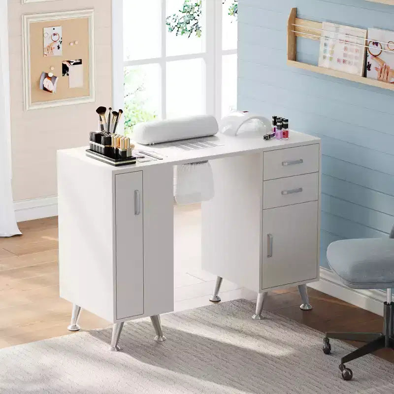 42 Manicure Table for Nail Tech with Dust Collector and Wrist Rest, Nail Desk with Vertical Pull-Out Locker, 1 Storage Cabinet, 2 Drawers