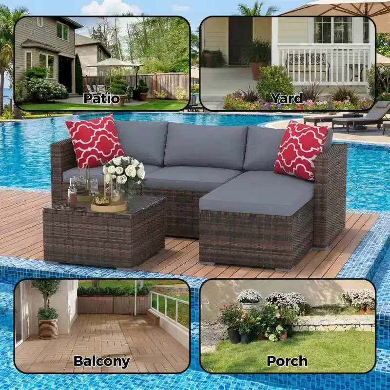 5 Pieces Patio Furniture Set, All-Weather Wicker Sectional Sofa With Anti-Slip Cushions, Rattan Outdoor Patio Furniture Sofa Set With Ottoman