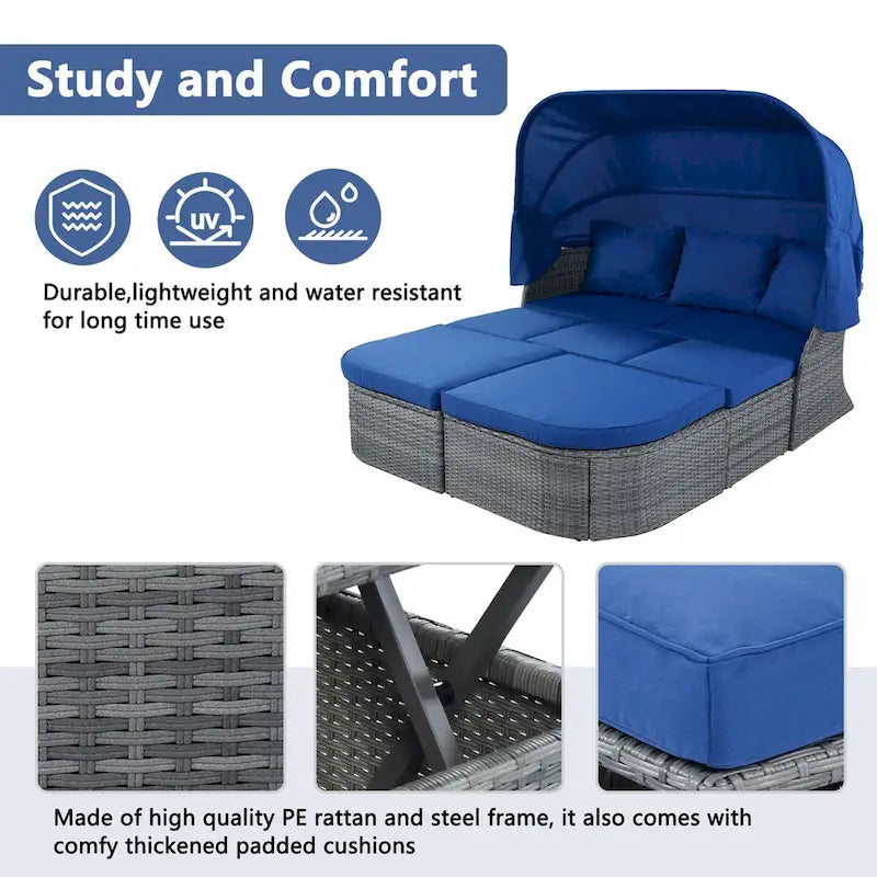 Outdoor Gray Wicker Daybed with Cushions and Retractable Canopy