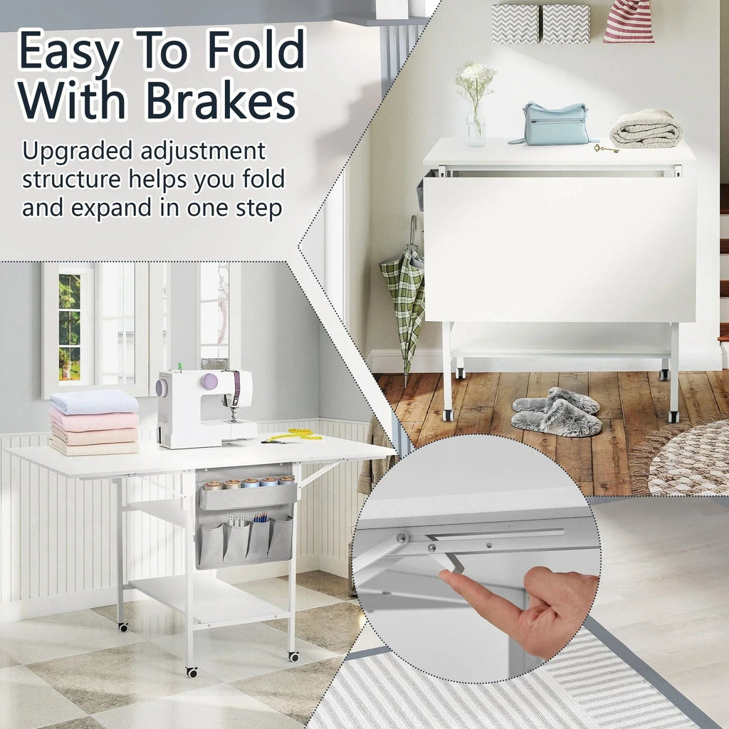 Height Adjustable Craft Table with Storage Shelves, Mobile Folding Cutting Table for Home Office Sewing Room Craft Room