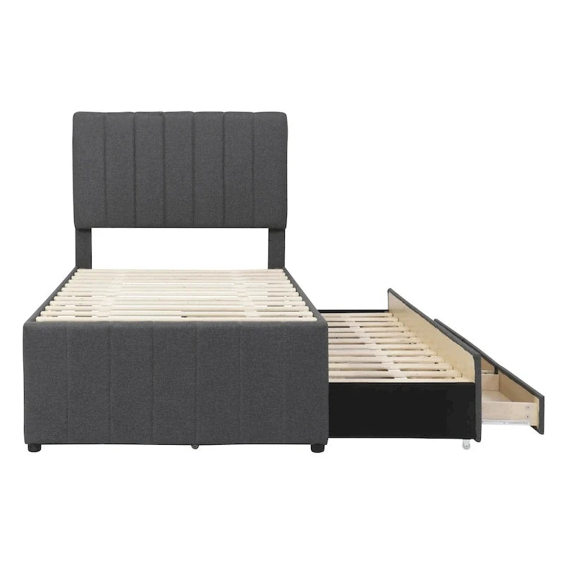 Twin Size Upholstered Platform Bed with Trundle and 3 Drawers, Linen Fabric