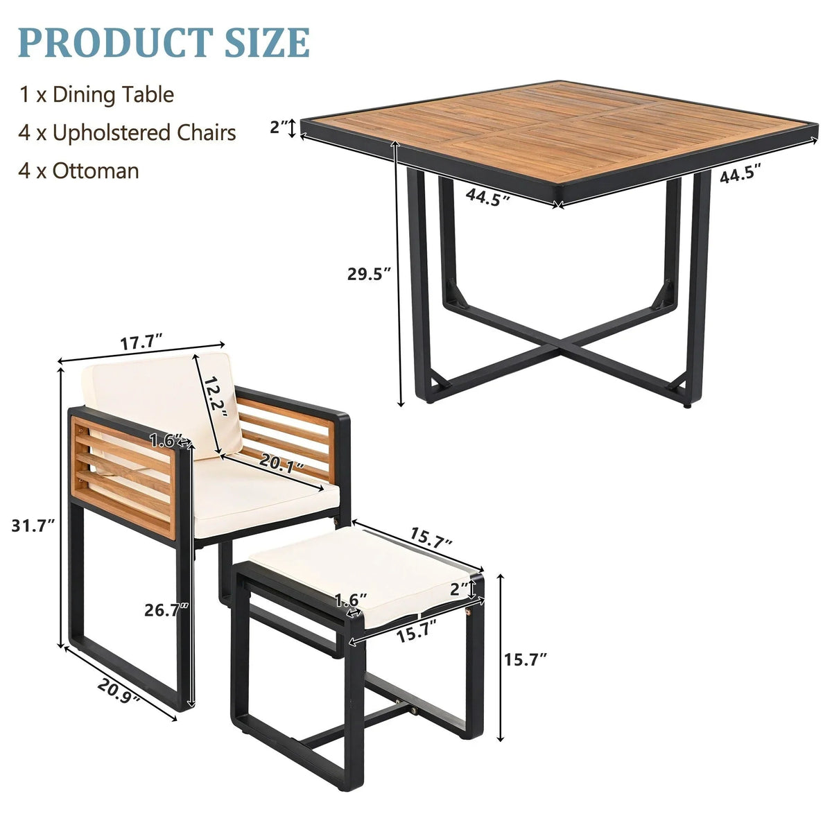 18-Pieces Acacia Wood Patio Dining Set, 8 Cushioned Chairs & 8 Ottomans & 2 Square Table