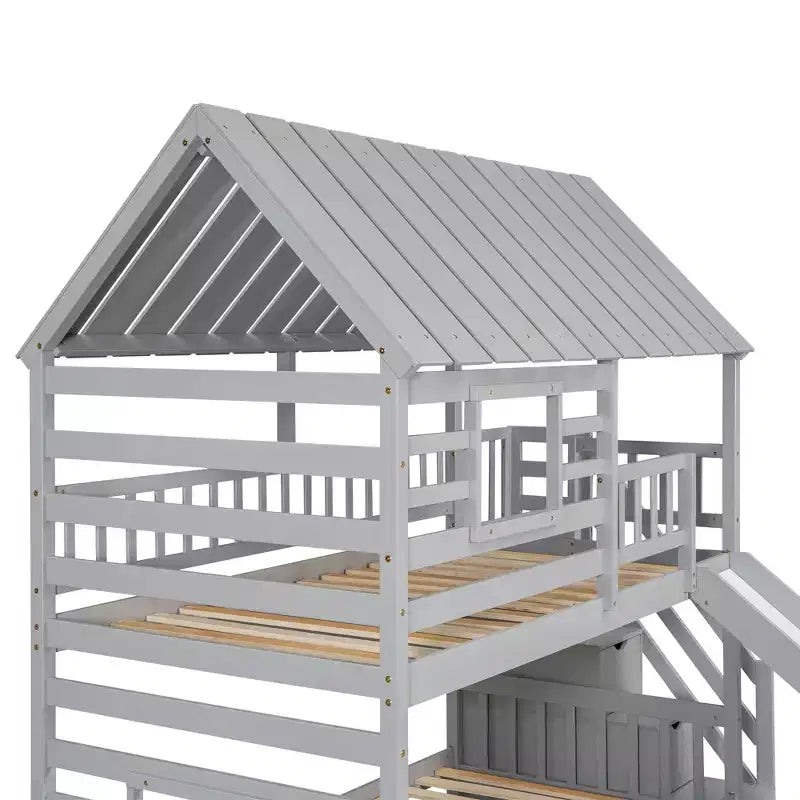 Whisen Twin over Twin House Bunk Bed with Trundle and Slide, Storage Staircase, Roof and Window Design