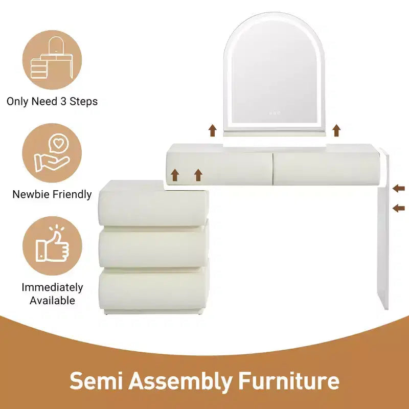 Whisen Luxury Makeup Vanity Desk, Dressing Table Vanity with Mirror, Movable Side Cabinet, 6 Drawers Storage and Stool