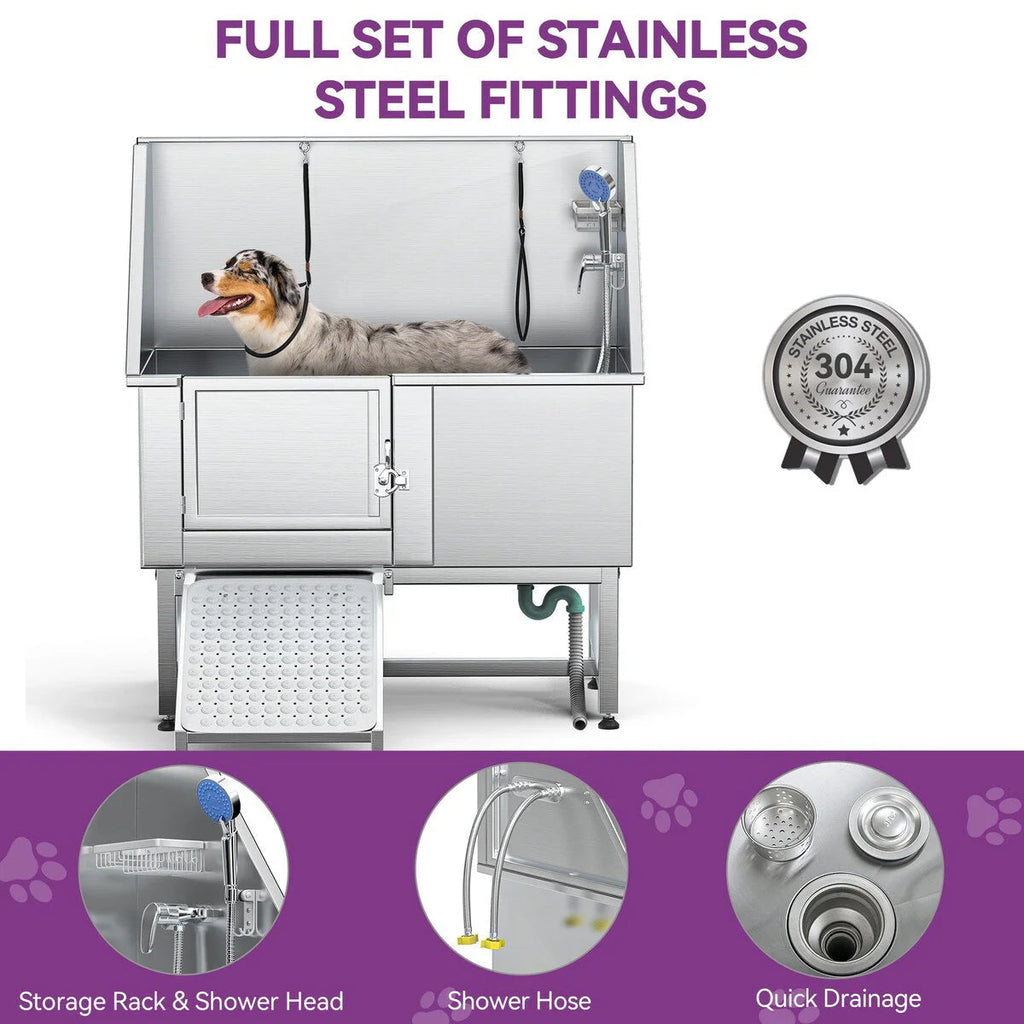 50 W Stainless Steel Adjustable Pet Grooming Tub with Steps Ramp