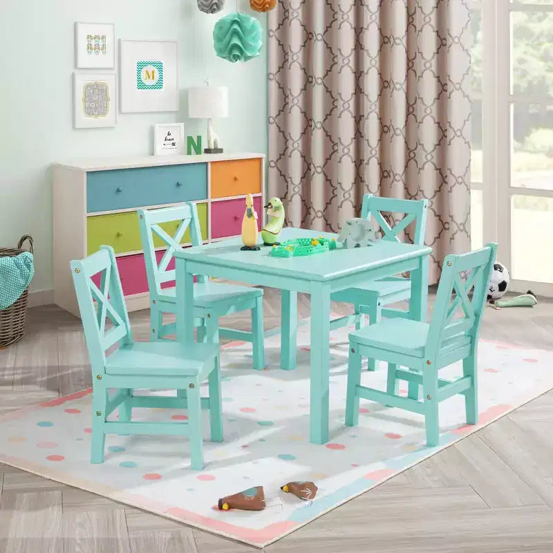eHemco Solid Hard Wood Kids Table and Chair Set (4 Chairs Included), 5 Piece Set