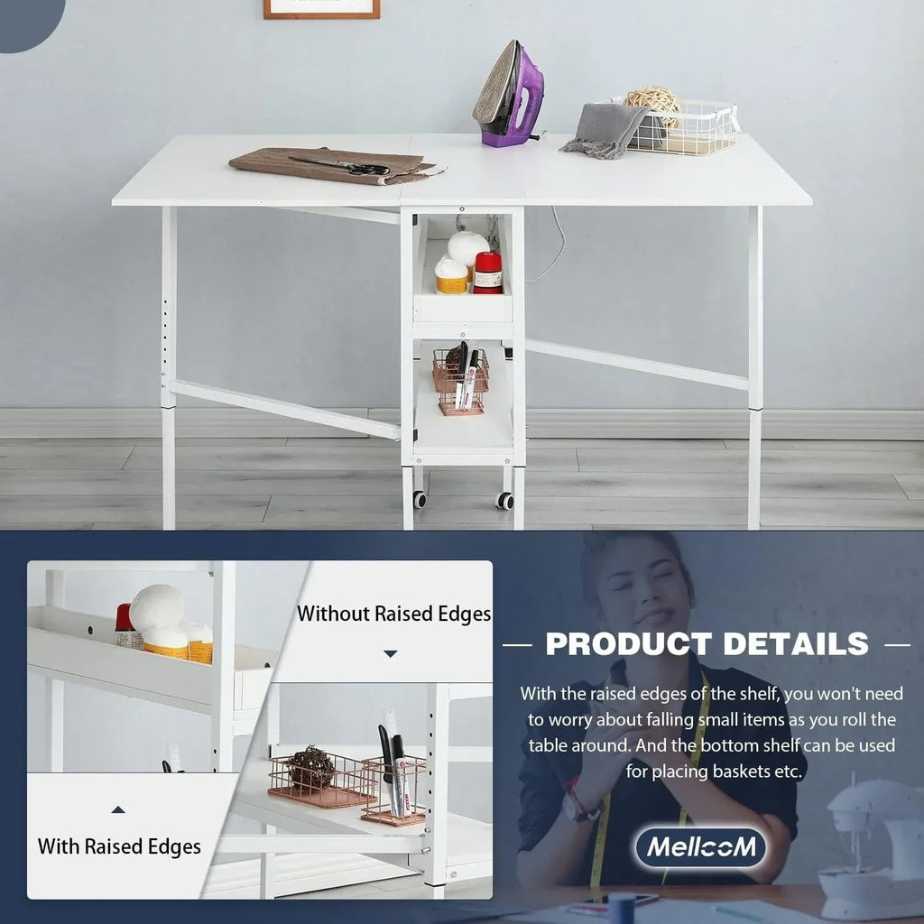 Height Adjustable Craft Table with Storage Shelves, Mobile Folding Cutting Table for Home Office Sewing Room Craft Room