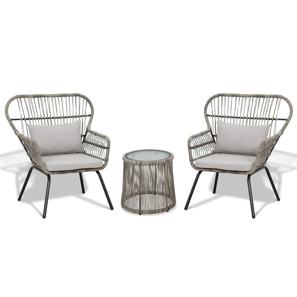 3 Piece Outdoor Wicker Conversation Bistro Set, All-Weather Rattan Furniture Patio Chairs Set with Cushions