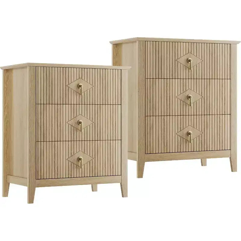 2Pcs Fluted Wood Nightstands, 27.5 Wide 3-Drawer Dresser Set, Modern Bedside Tables, Chest of Drawers for Bedroom, Living Room