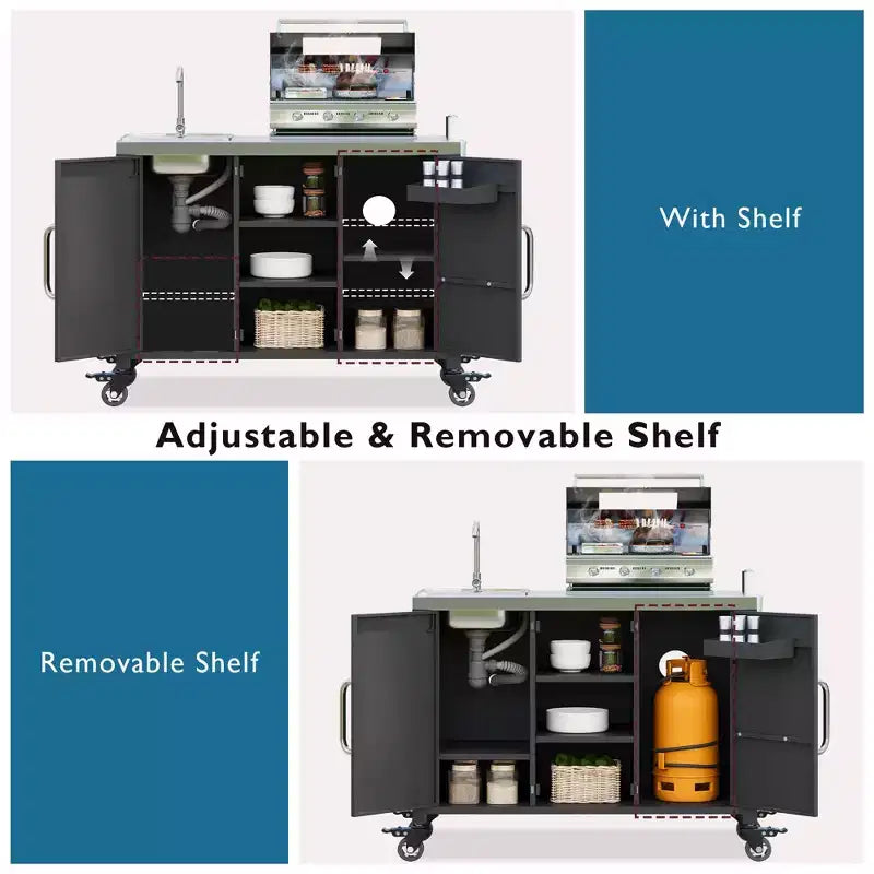 55.5 Outdoor Kitchen Island with Sink, Stainless Steel Prep Table with Spice Rack & Lockable Wheels, BBQ Grill Cart Station, Black - ModernLuxe