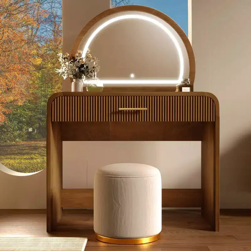Makeup Vanity Table with Large Mirror and Touch Screen, Vanity Desk with Large Drawer and Arched Corner, Dressing Table for Bedroom