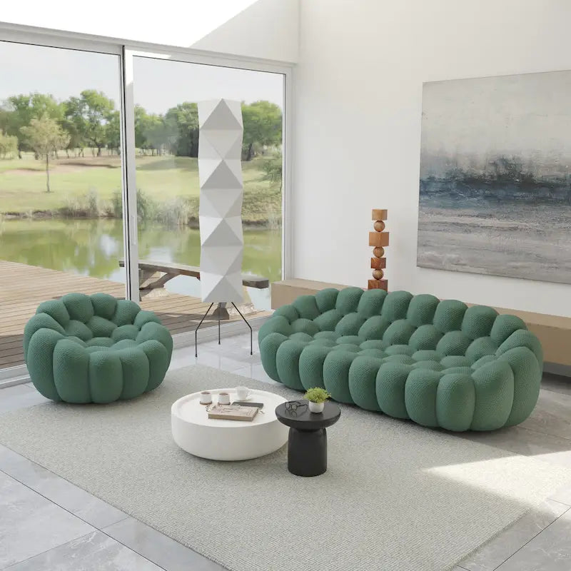 2PCS 3D Honeycomb Fabric Upholstered Bubble Sofa, 3 Seater Bubble Couch and Single Sofa for Living Room