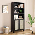 TUYOHW Tall Bookcase with Rattan Doors,5-Shelf Freestanding Storage Cabinet,Bookshelf for Living Room,Bedroom,Home Office