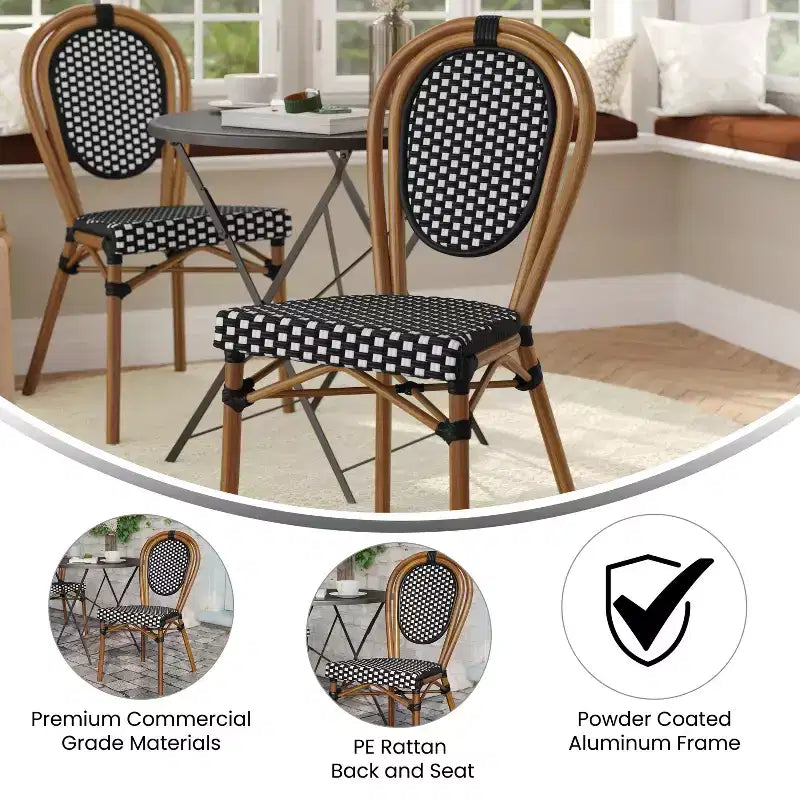 Flash Furniture Lourdes Indoor/Outdoor Commercial Thonet Bistro Stacking Chair, PE Rattan and Aluminum Frame