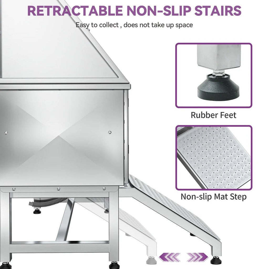 50 W Stainless Steel Adjustable Pet Grooming Tub with Steps Ramp