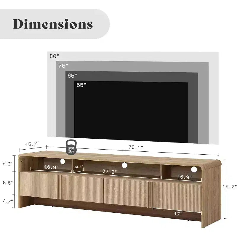 AMERLIFE 70 Modern TV Stand with Fluted Design & Storage Cabinets, for TVs up to 80, Wood Entertainment Center Media Console for Living Room