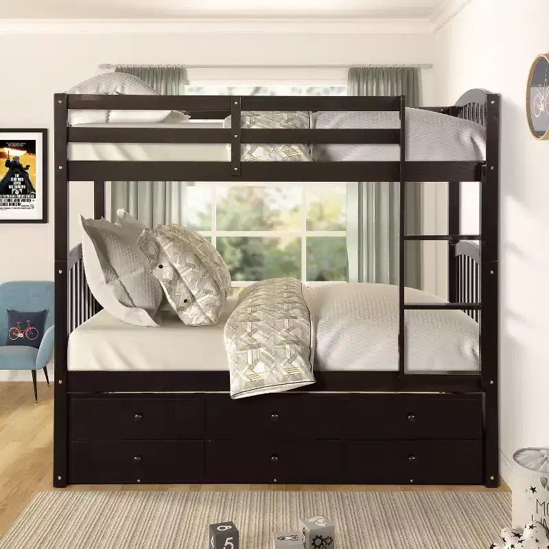 Twin Bunk Bed with Ladder, Safety Rail, Twin Trundle Bed with 3 Drawers for Teens Bedroom, Guest Room Furniture