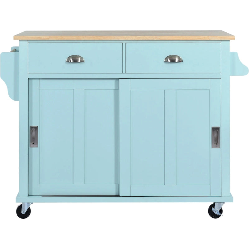 Kitchen Cart with Rubber wood Drop-Leaf Countertop, Concealed sliding barn door adjustable height