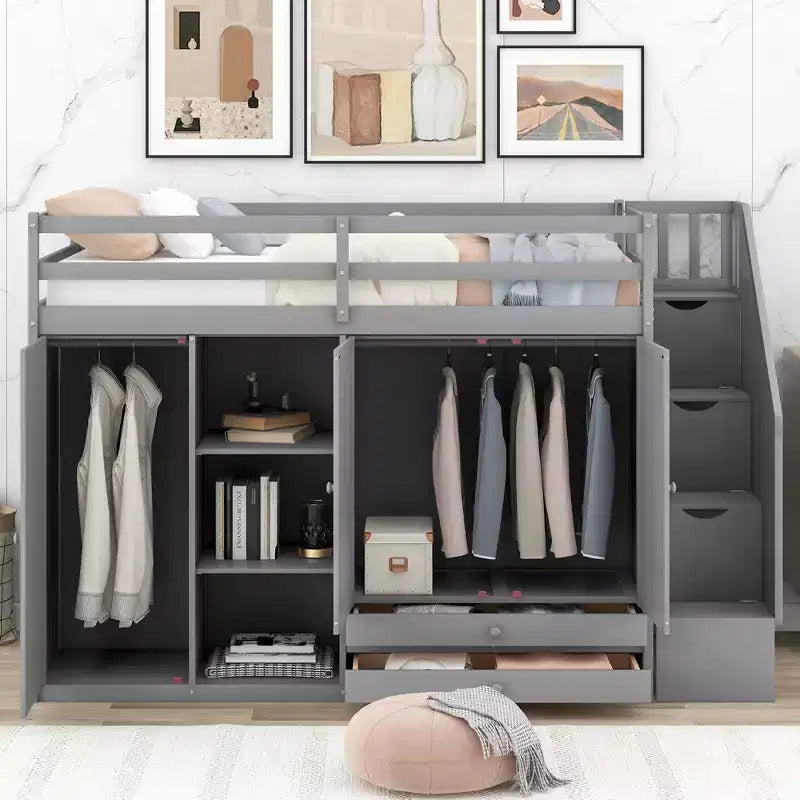 93.3 Functional Loft Bed with Wardrobes, Shelves, Drawers and Storage Ladder