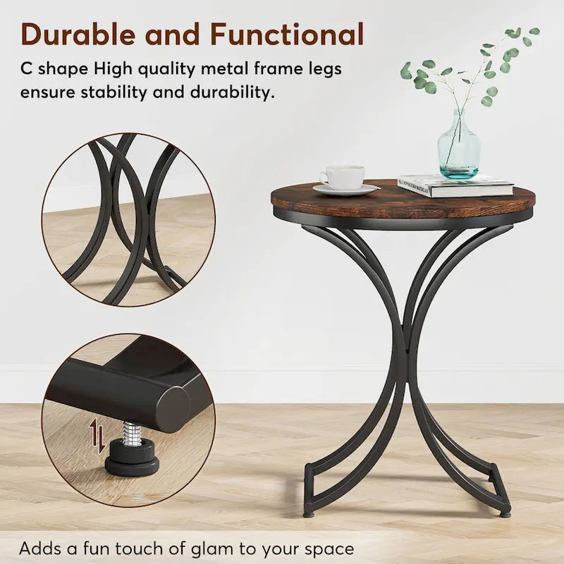 Small Modern Round Side Table End Table Nightstand with Gold Metal Frame and Faux Marble Veneer Engineered Wood for Living Room