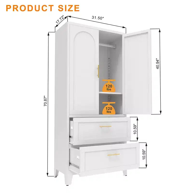 JVNOXK 71 inchTall Metal Wardrobe Cabinet with 2 Drawers and Hanging Rod, 2 Doors Wardrobe Closet with Shelf for Bedroom, White