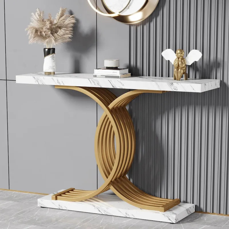 Black/ Gold Modern Sofa Table with Faux Marble Tabletop, 39 Inches Wood Foyer Table with Geometric Metal Legs for Entryway