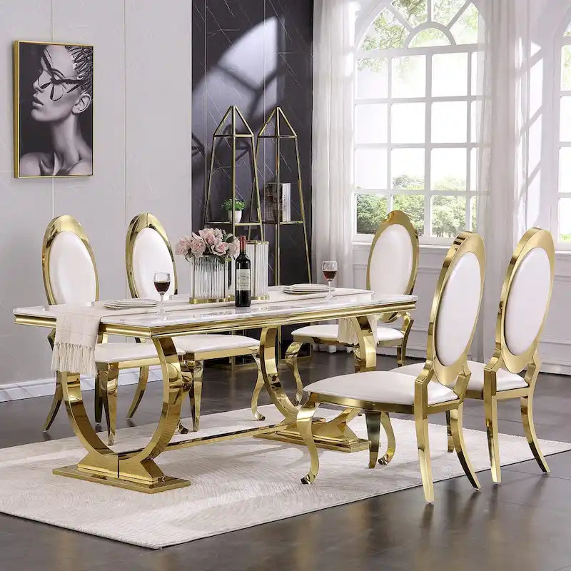 Modern Dining Room Table with Stainless Steel Metal U-Base