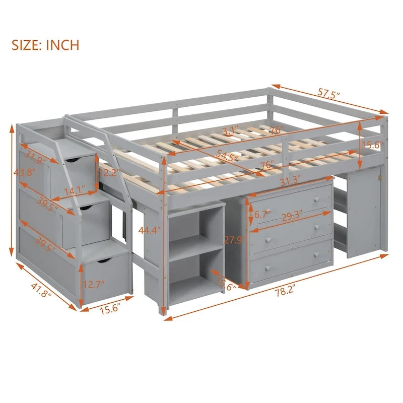 Full Size Loft Bed with Retractable Writing Desk and 3 Drawers, Wooden Loft Bed with Storage Stairs and Shelves