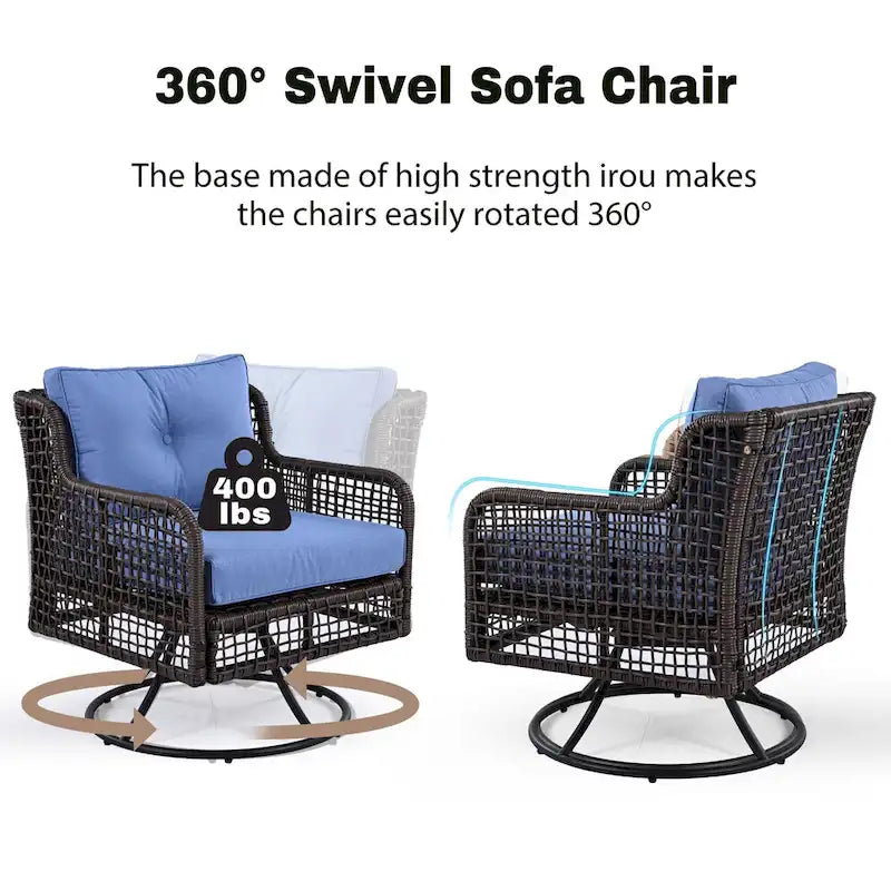 4-Pieces Outdoor Rattan Conversation Sofa Set with Swivel Chairs and Coffee Table