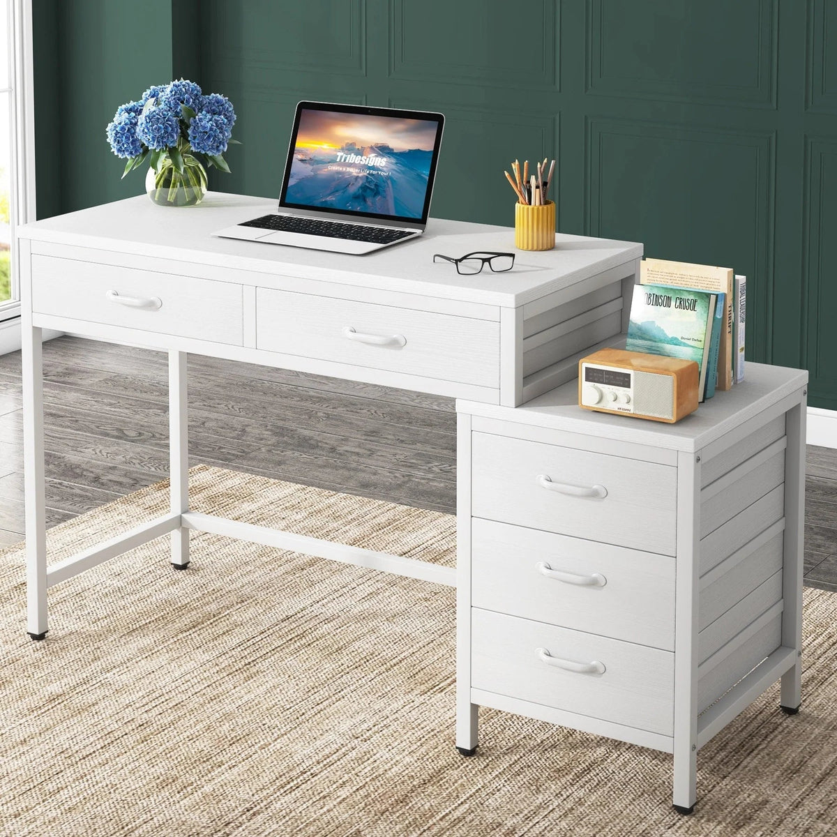 Reversible Computer Desk with 5 Drawers, Home Office Desk with File Cabinet Drawer Printer Stand