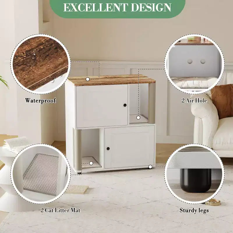 Litter Box Enclosure with Double Room, Hidden Enclosed Litterbox Furniture with Scratch Posts and Double-Layer Litter Mats Indoor Pet House