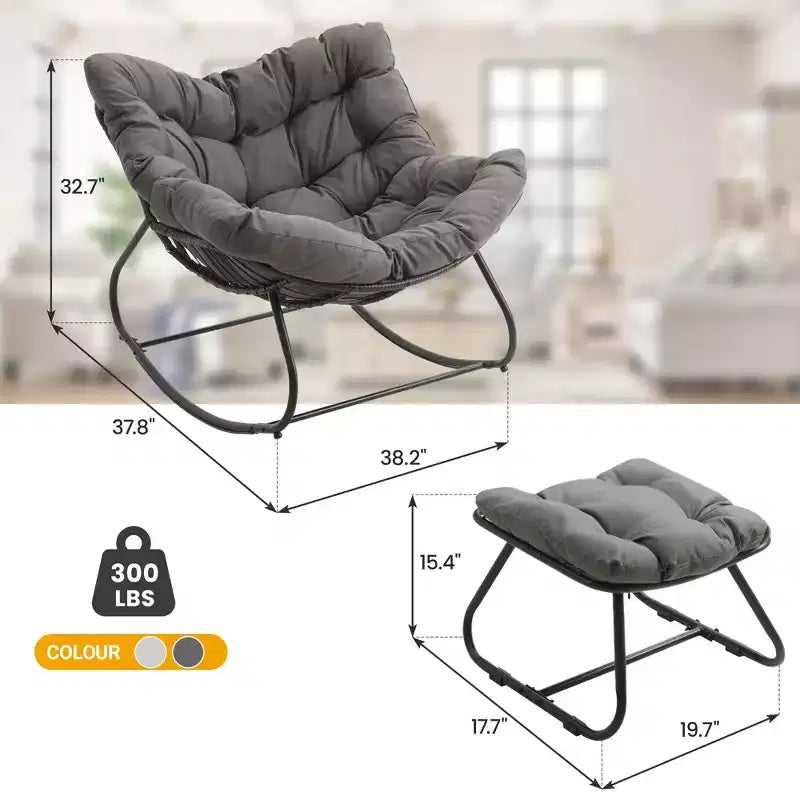 Heynemo Patio Rocking Chair with Ottoman, Outdoor Indoor Rocking Egg Chair with Cushions, Metal Lounge Chair Oversized Papasan Chair, Reading Chair