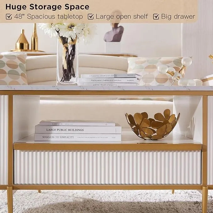 Modern Luxury Fluted Coffee Table, Center Table with Faux Marble Top